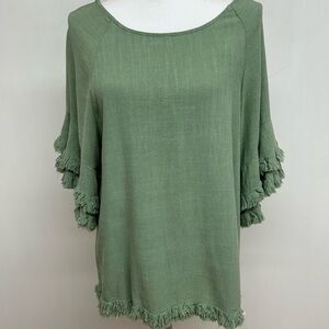 Umgee Green Ruffled 3/4 Sleeve Blouse